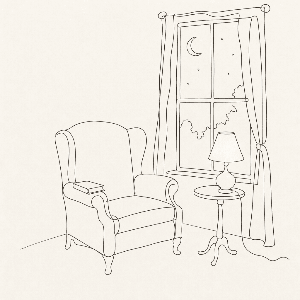 A fine-line drawing of an empty armchair by a window at night, a closed book on its arm